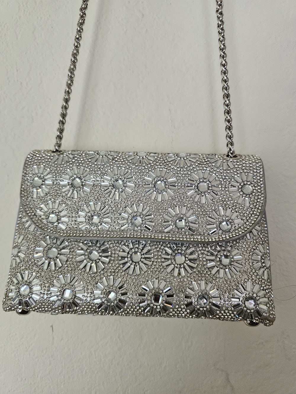 Rhinestone Embellished Silver Evening Clutch with Chain
